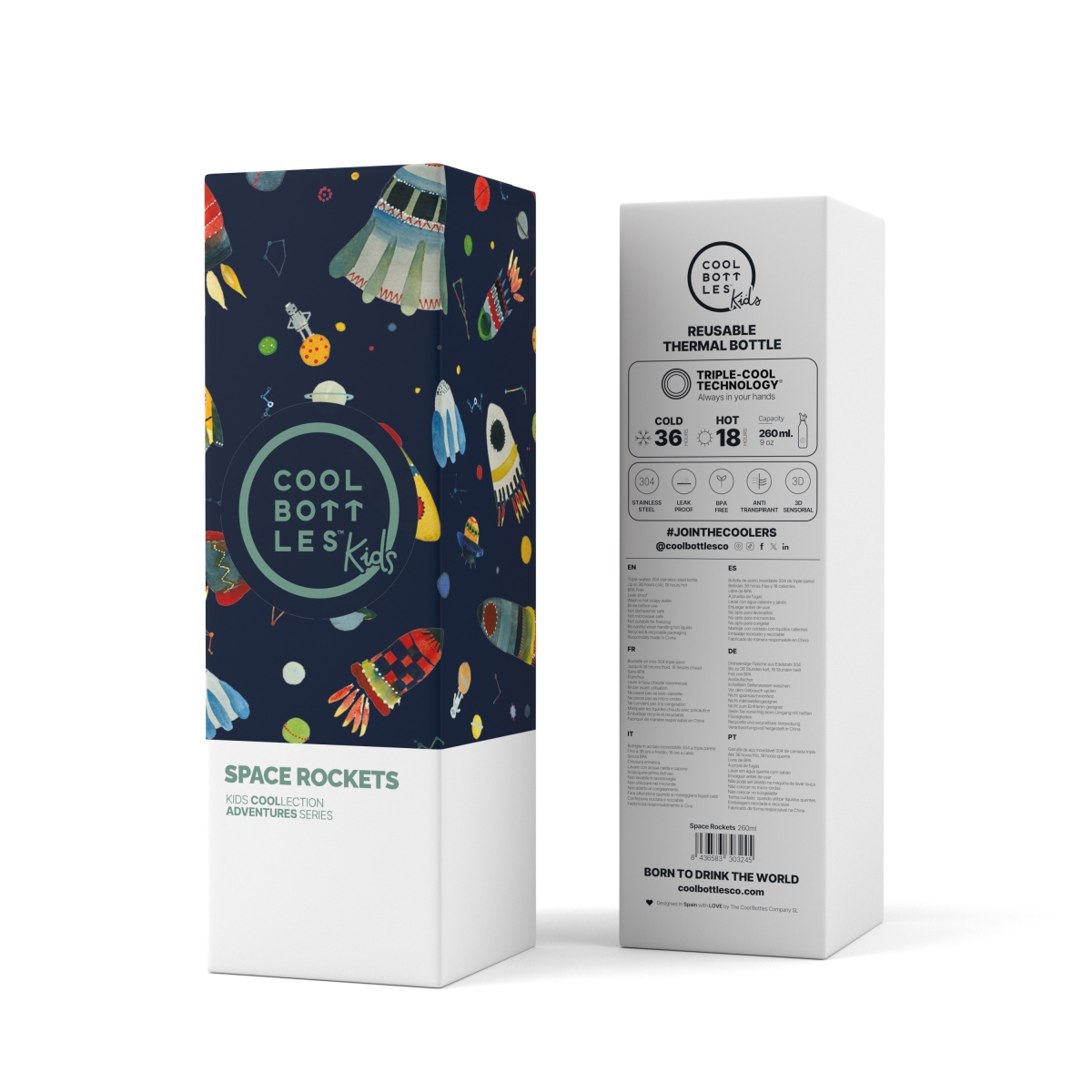 Embalagem colorida da garrafa térmica Cool Bottles Kids com tema Space Rockets