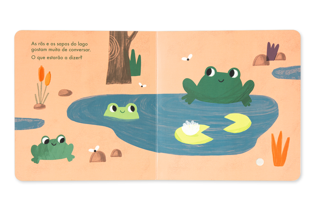 Página de livro infantil com ilustração de rãs e lago e texto em português