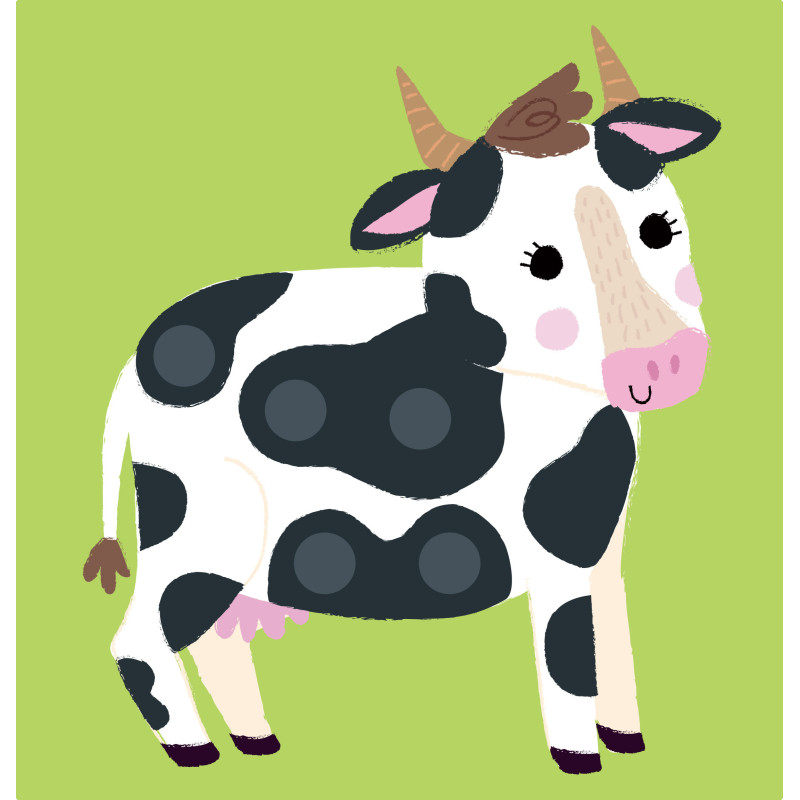 Vaca cartoon com manchas pretas sobre fundo verde