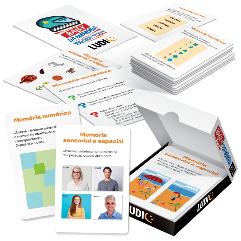 Cartas para jogo de memória numérica, sensorial e espacial com caixa preta e textos em português