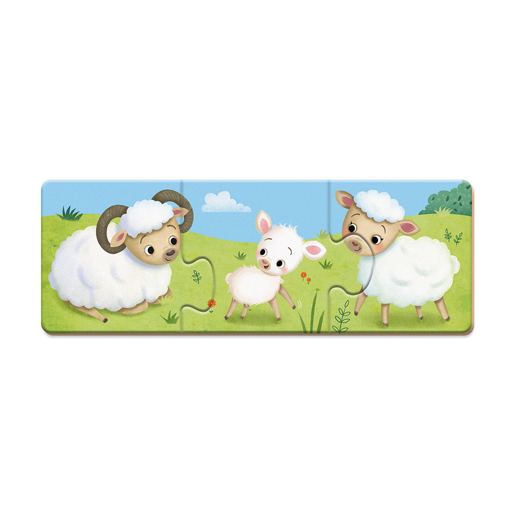 Puzzle infantil de madeira com ovelhas num campo verde