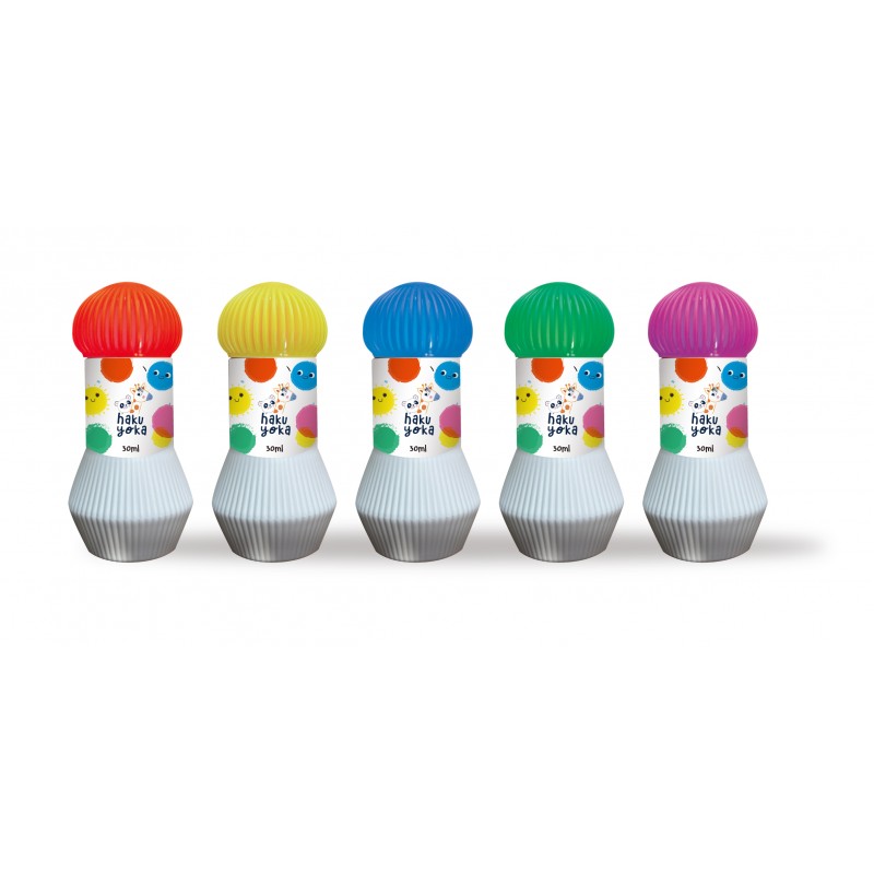 Cinco dispensadores de tinta colorida com tampas texturizadas em fila
