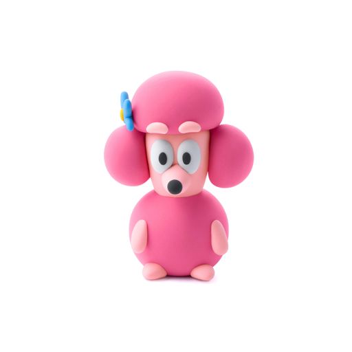 Estatueta de cão poodle cor-de-rosa com flor azul na orelha