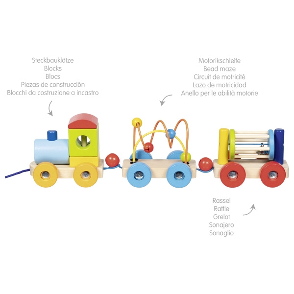 Trem de brinquedo de madeira multicolorido com blocos e labirinto de contas