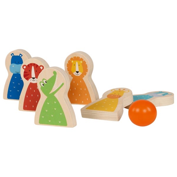 Conjunto de boliche infantil com pinos de animais coloridos e bola laranja