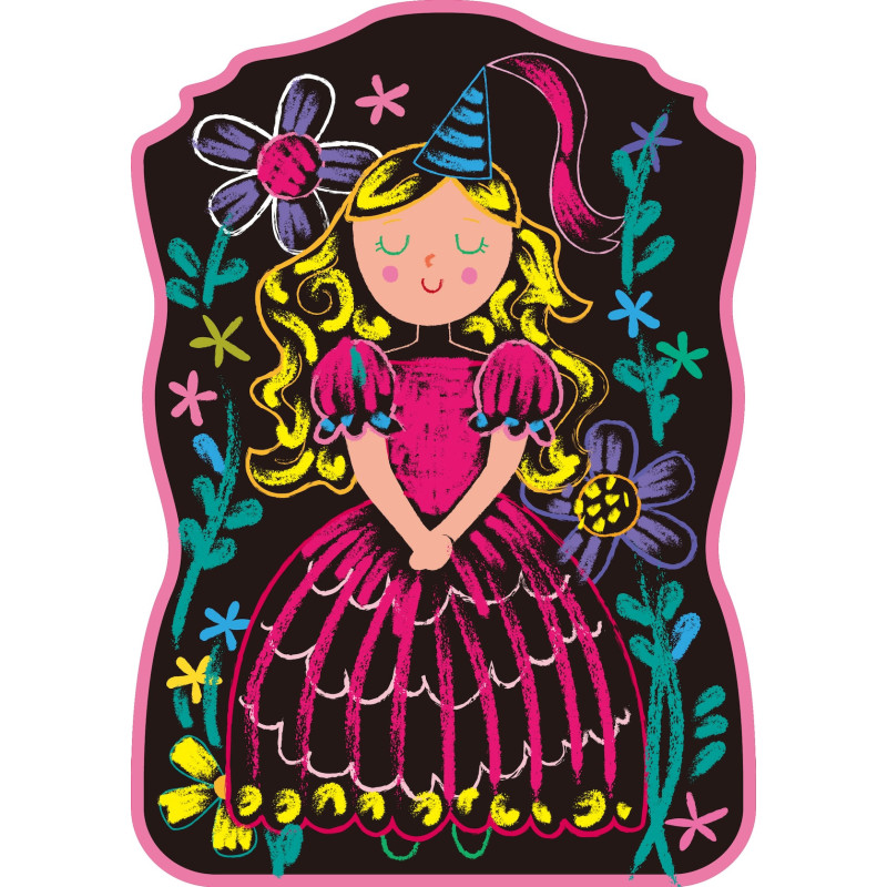 Ilustração de princesa com vestido rosa e flores coloridas em fundo preto