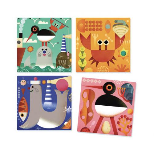 quatro azulejos coloridos com ilustrações de animais marinhos e costeiros