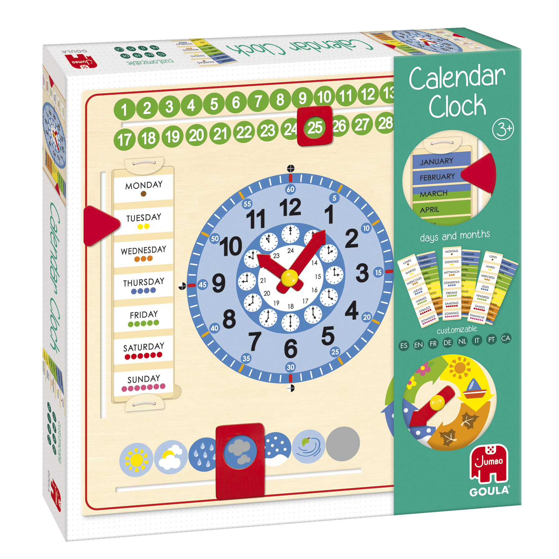 Relógio/calendário educativo de madeira com mostrador azul e vermelho, círculos verdes numerados e embalagem com texto Calendar Clock