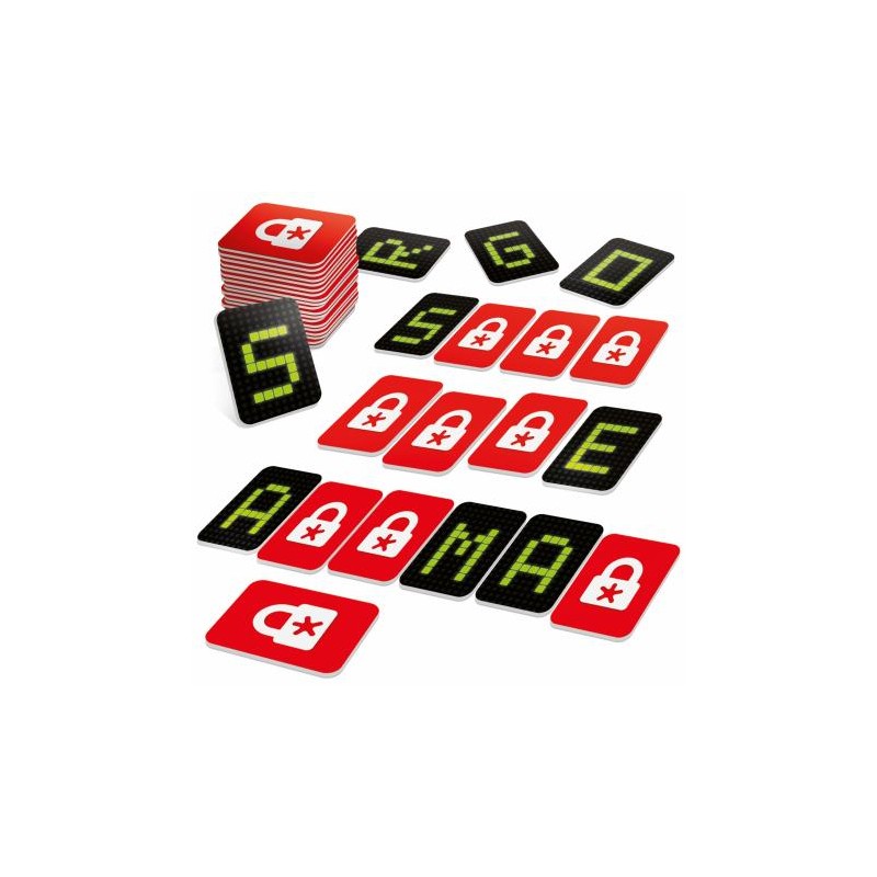 Cartas de jogo com números e letras em verde e verso vermelho com cadeado branco.