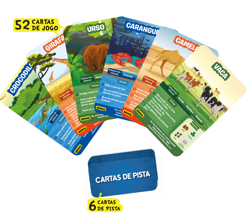 Cartas de jogo coloridas com imagens de animais e texto
