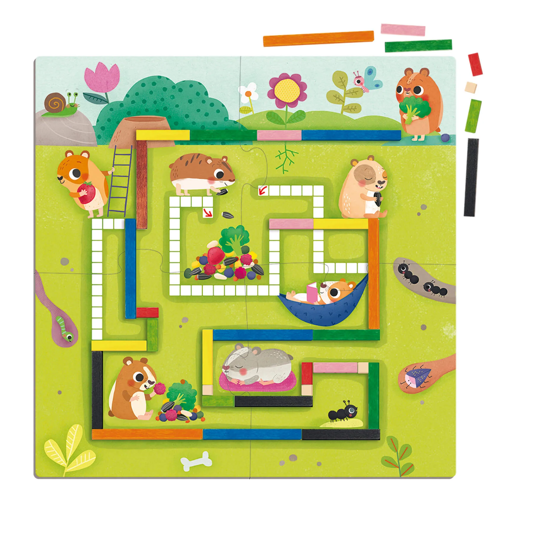 Tabuleiro de jogo com animais e frutas em cores vivas