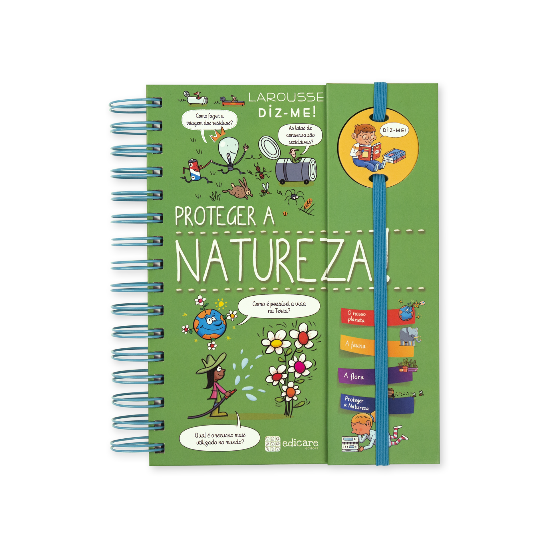 Livro verde 'Proteger a Natureza' com encadernação em espiral e elástico azul