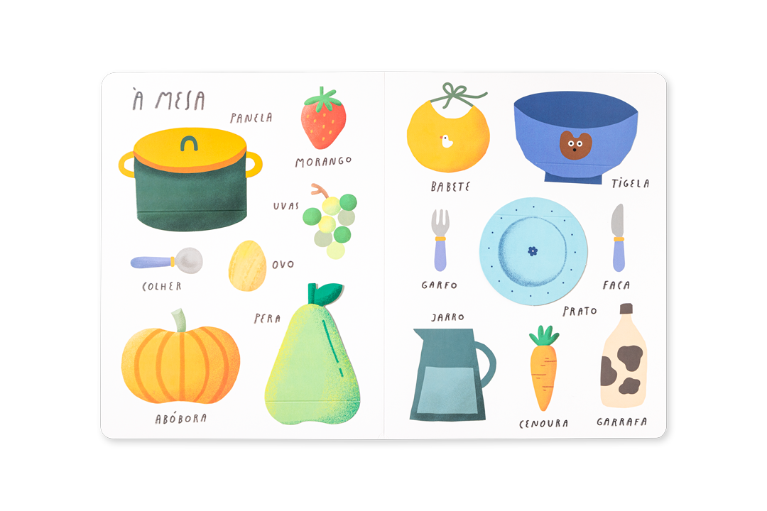 Ilustrações de objetos e alimentos com seus nomes em português.