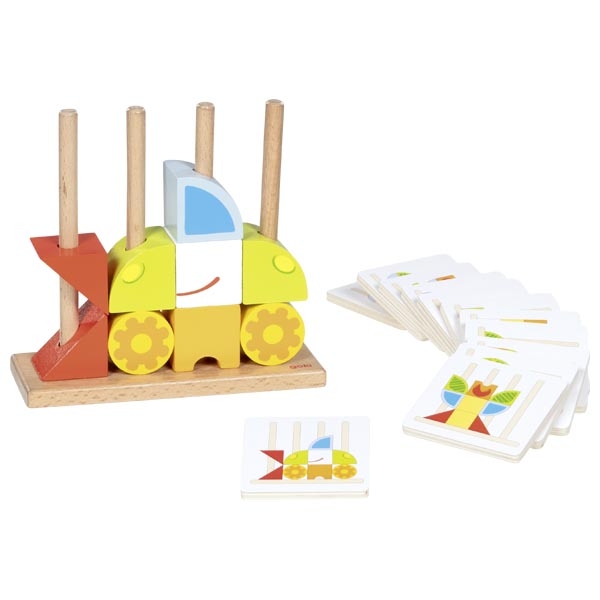 Brinquedo de empilhar de madeira colorido com cartas ilustradas