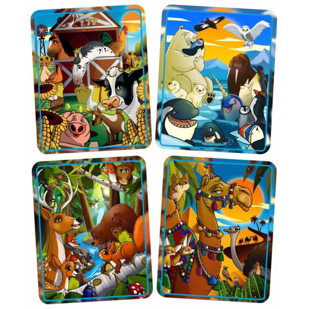 Quatro quebra-cabeças com imagens de animais da quinta, do Ártico, da floresta e camelos coloridos