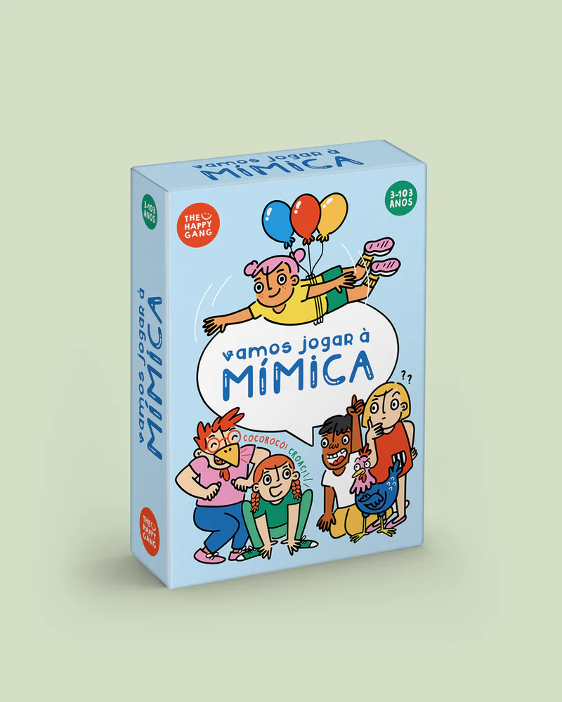 Caixa azul claro do jogo vamos jogar à MÍMICA com ilustrações de crianças e pássaro