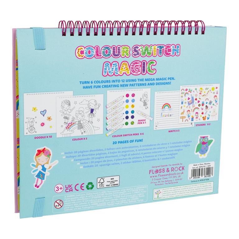 Livro de atividades Colour Switch Magic com capa azul e espiral rosa