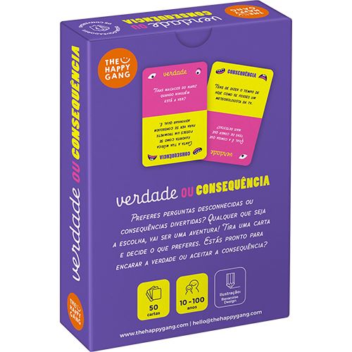 Caixa de jogo de cartas 'verdade ou CONSEQUÊNCIA' roxa com detalhes amarelos e rosa