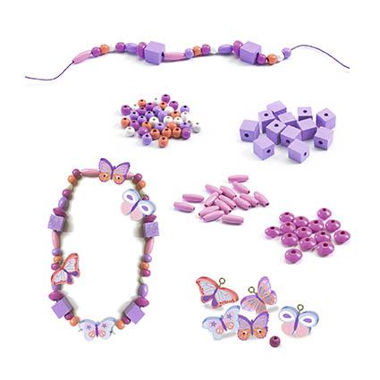 Conjunto de contas e acessórios para bijuteria em tons roxo, rosa e laranja com borboletas decorativas
