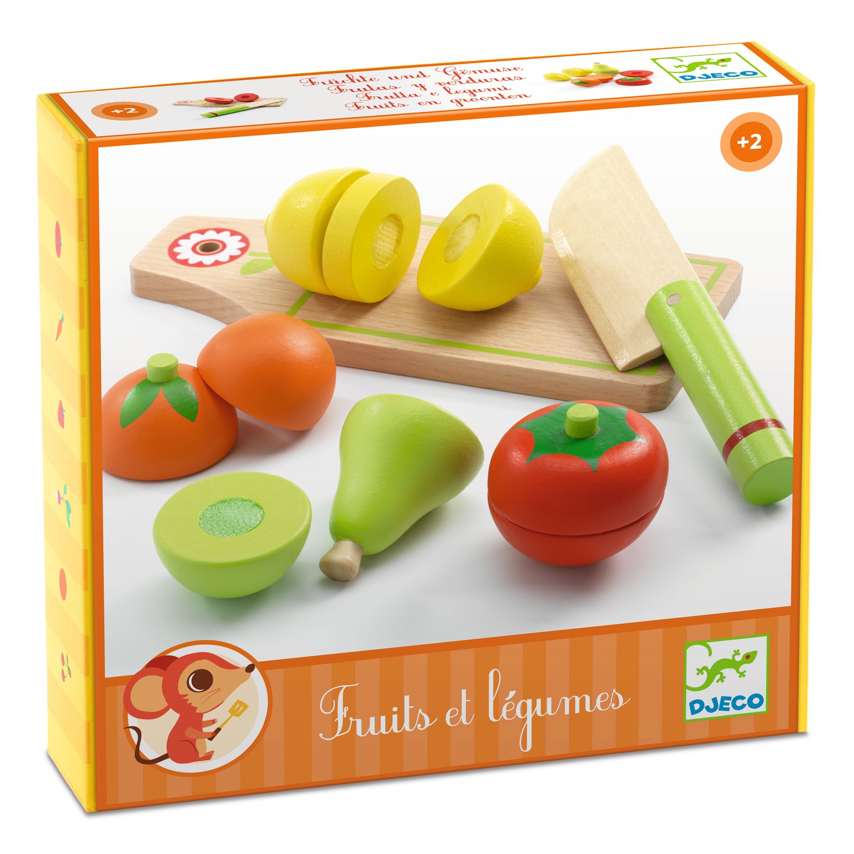 Brinquedo de madeira com frutas e legumes coloridos para cortar acompanhado de faca e tábua