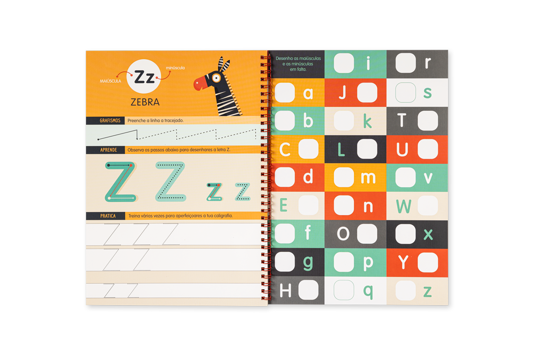 Caderno educativo com ilustração de zebra, letras Z e tabela de letras coloridas