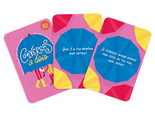 Jogo de cartas cor-de-rosa com guarda-chuvas azuis e textos em português