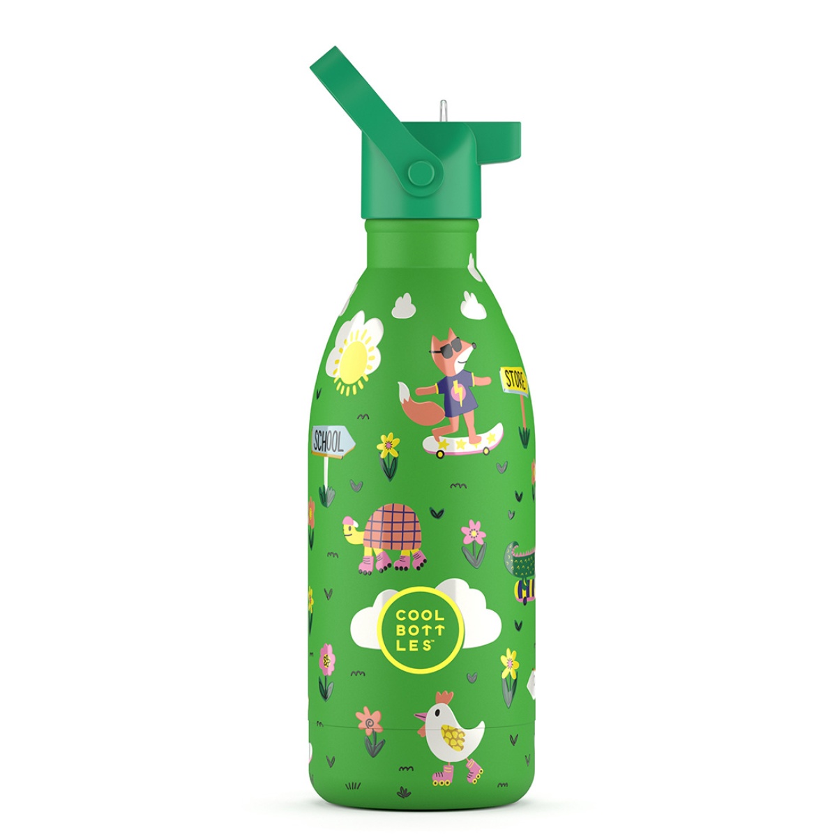 Garrafa térmica verde com decoração colorida de animais e texto COOL BOTTLES