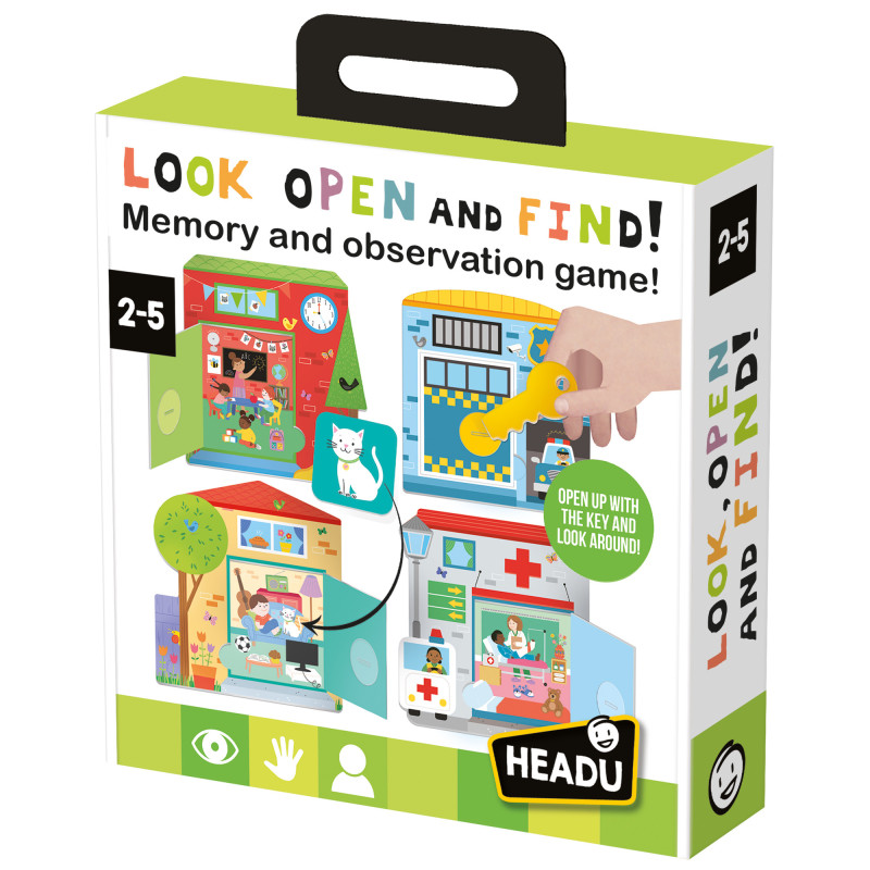 Caixa de jogo infantil LOOK OPEN AND FIND! para memória e observação com imagens coloridas e chave amarela