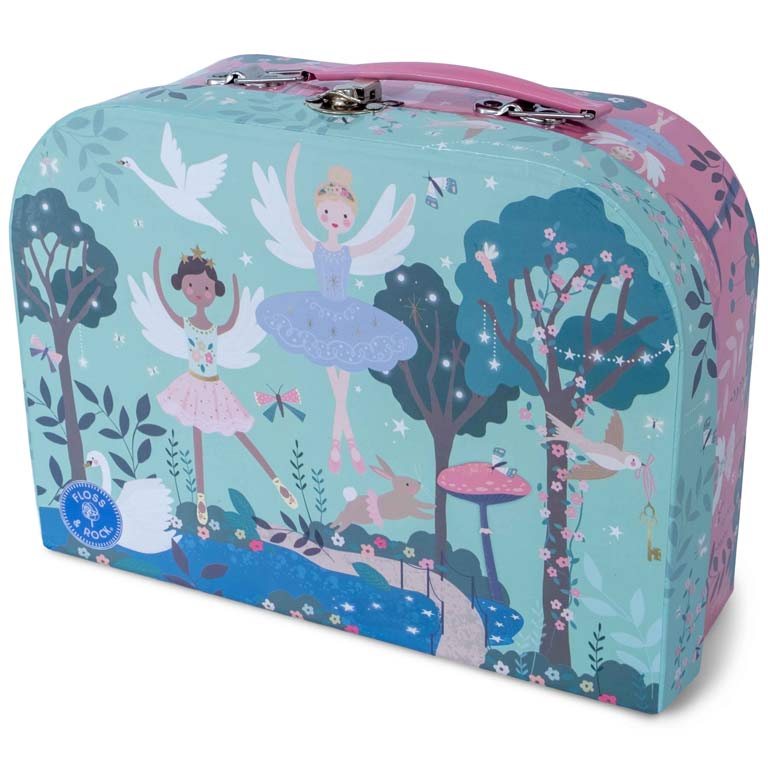 Mala infantil decorada com bailarinas e natureza em cores azul e rosa