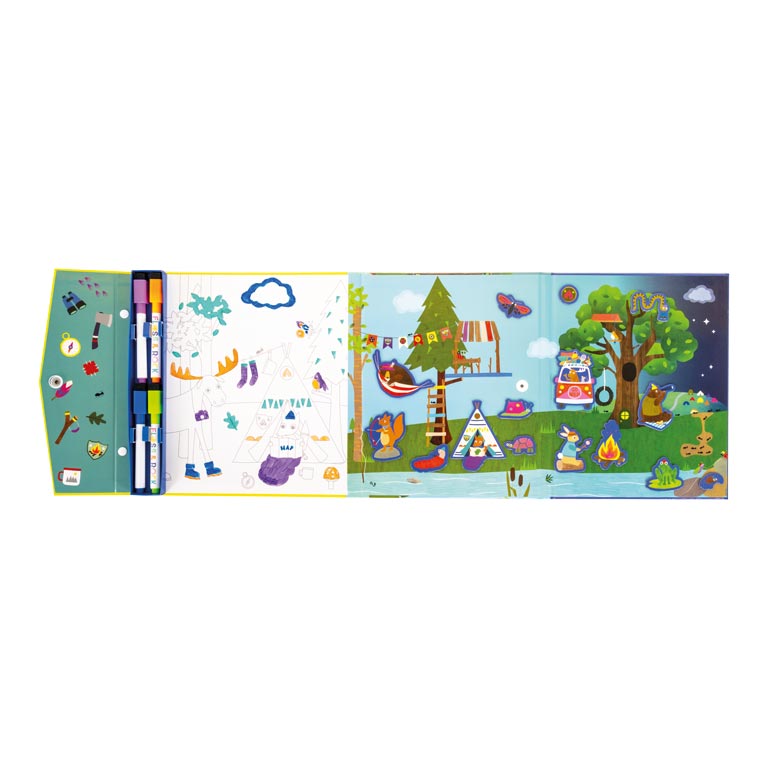 Livro de atividades infantil colorido com canetas e ilustrações de natureza e animais