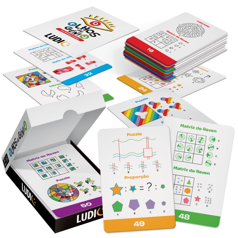 Cartas de jogo educativo coloridas com caixa aberta