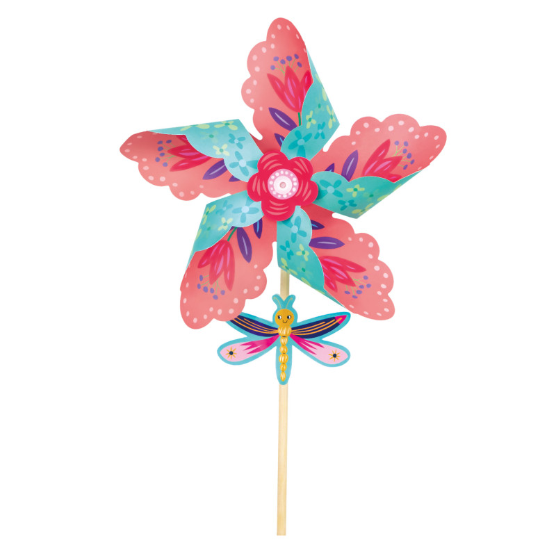 Moinho de vento de papel colorido com padrão floral e fada decorativa