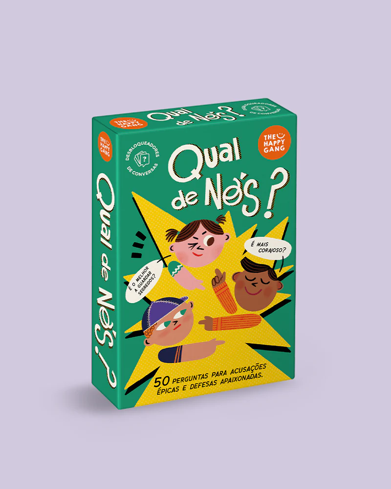 Caixa de jogo de cartão verde com ilustrações e textos em português