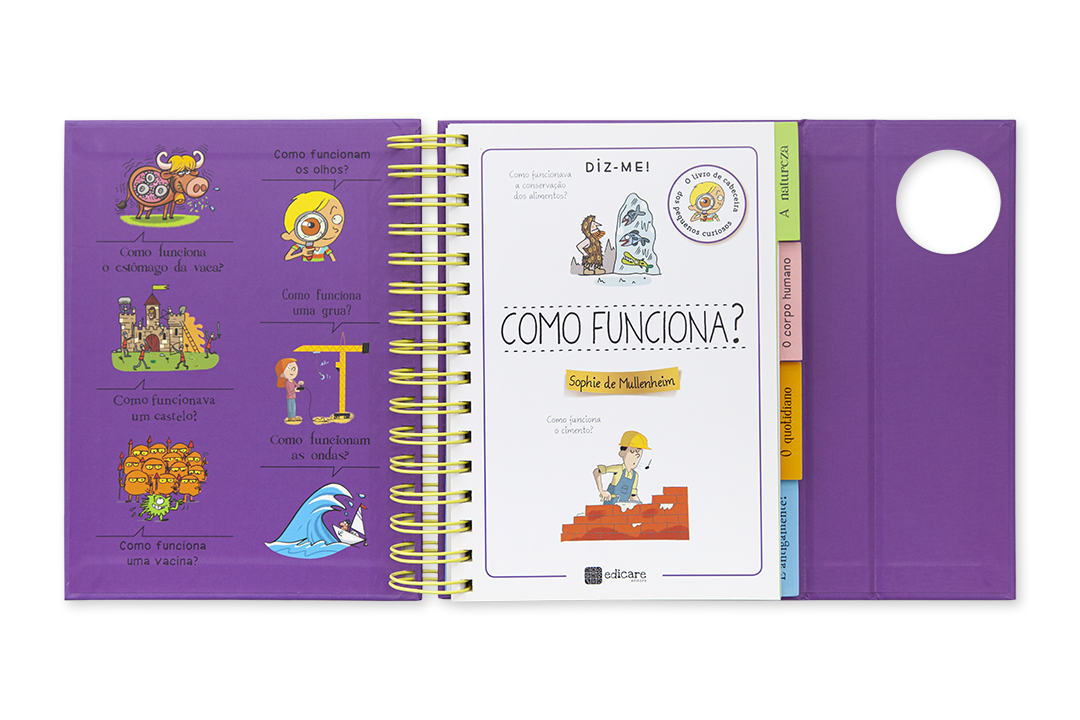 Livro educativo colorido em português sobre funcionamento do corpo humano, com ilustrações e texto, capa roxa e divisórias amarelas e rosa