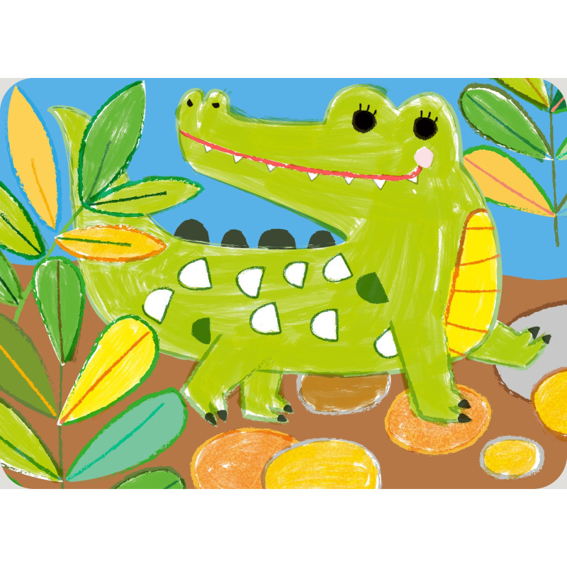 Desenho de crocodilo verde com folhas coloridas num fundo azul