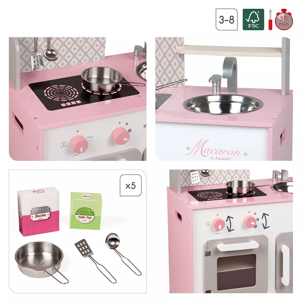 Cozinha de brincar rosa e branca com acessórios e detalhes metálicos