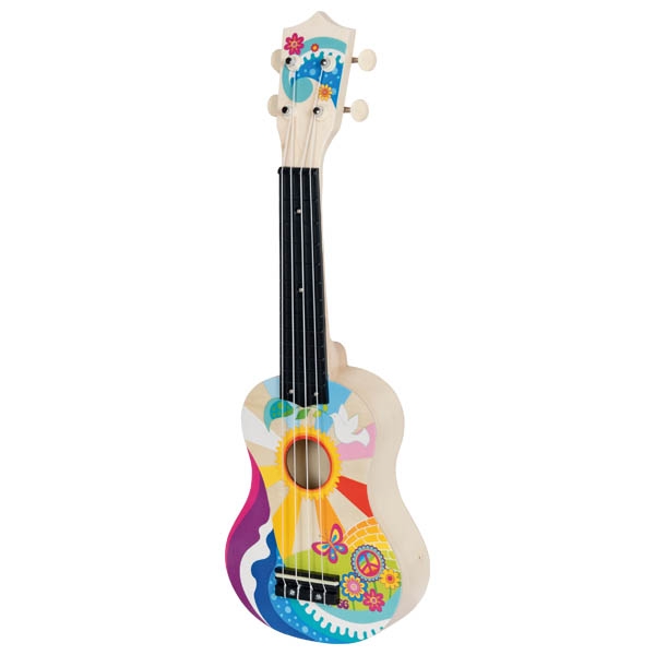 Ukulele infantil pintado com cores vivas e desenhos decorativos.