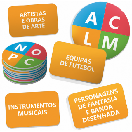 Cartas de jogo coloridas com letras e cartas laranjas com texto branco