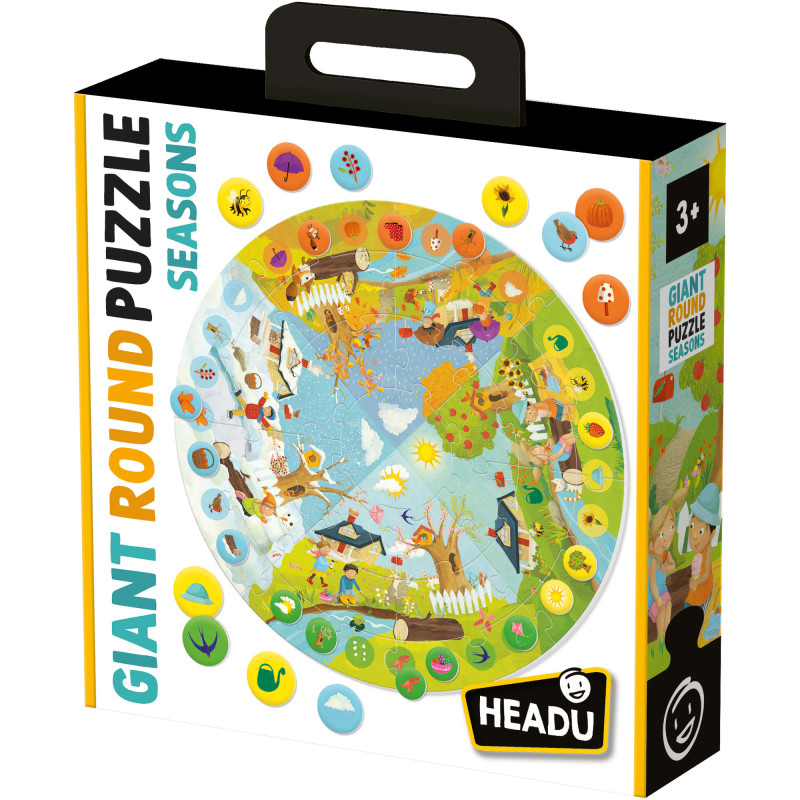 Caixa de puzzle gigante redondo das estações do ano, com várias peças coloridas e texto GIANT ROUND PUZZLE SEASONS