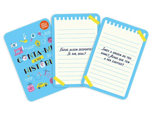 Três cartões azuis com perguntas e ilustrações coloridas