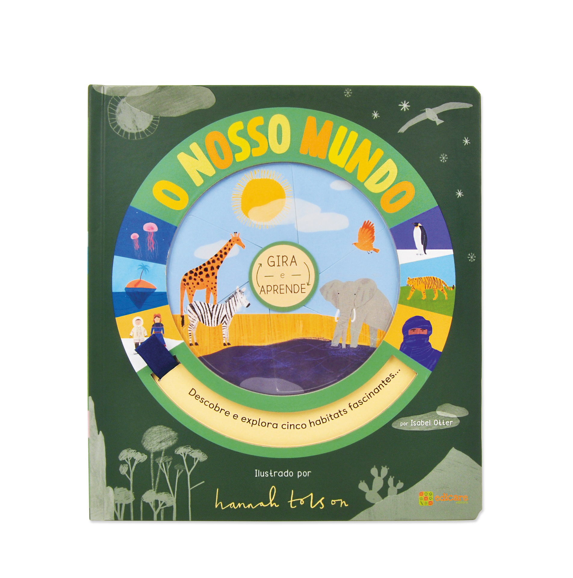 Capa de livro infantil 'O NOSSO MUNDO' com ilustração de animais e roda educativa