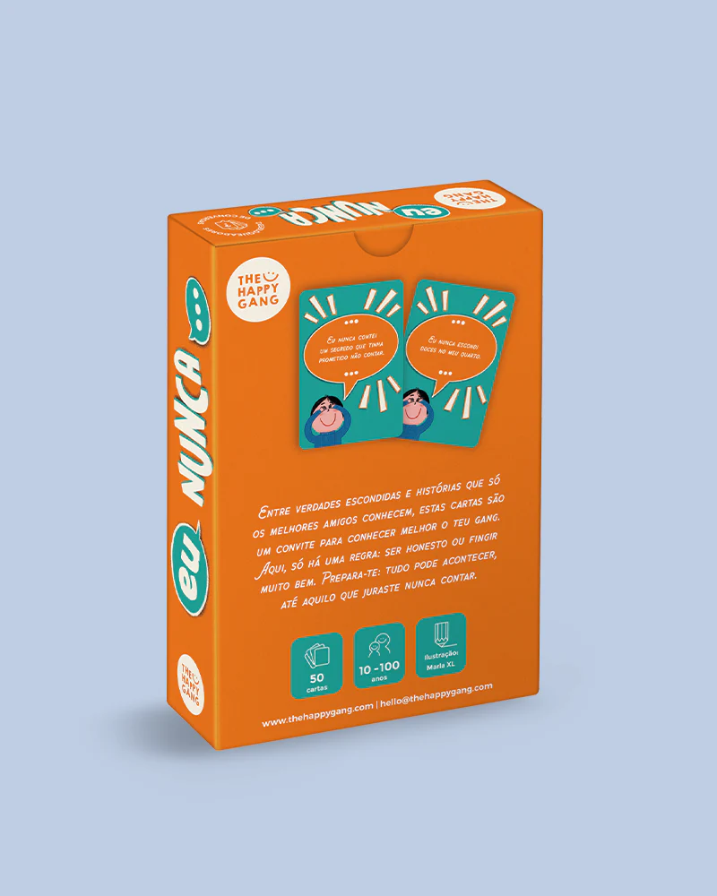 Caixa de jogo de cartas eu nunca na cor laranja com texto e ilustração