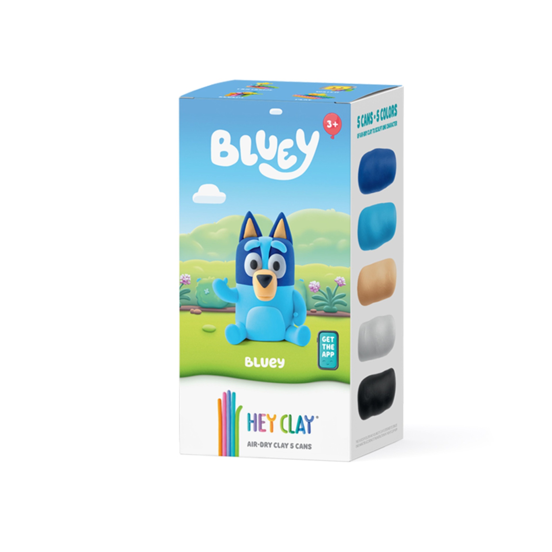 Caixa de massa de modelar azul e branca com personagem Bluey e cinco cores de massa de modelar mostradas.