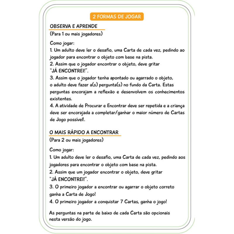 Instruções do jogo com regras para uma ou mais pessoas em português.