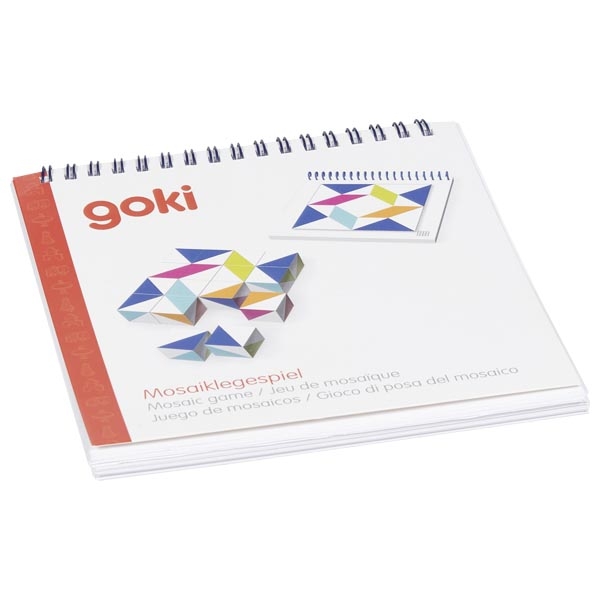 Livro de atividades para mosaico com capa branca e padrões coloridos