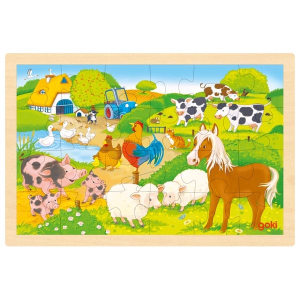 Quebra-cabeças madeira animais da quinta colorido com trator e casa