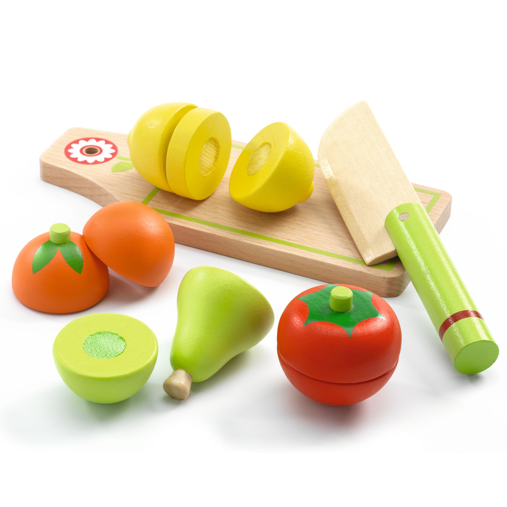Brinquedos de madeira em forma de frutas e legumes com faca e tábua para cortar