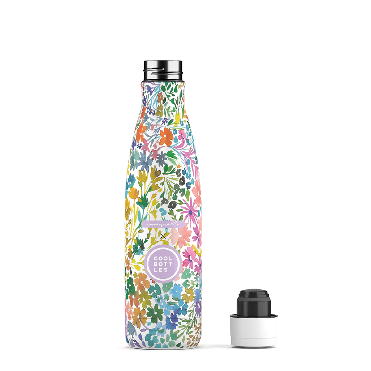Garrafa térmica metálica com padrão floral colorido e tampa destacada