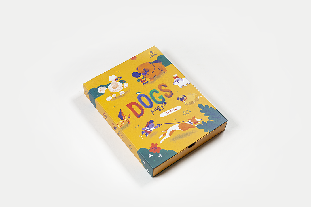 Caixa de puzzle com tema de cães, com design amarelo e verde.