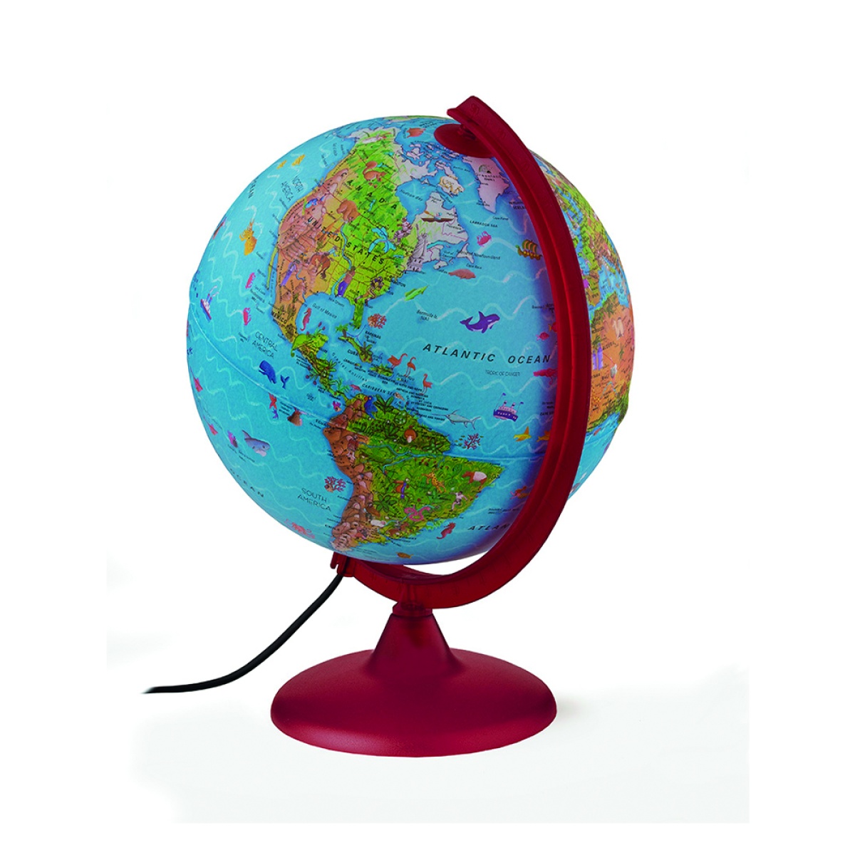 Globo terrestre colorido com suporte vermelho